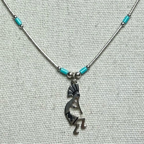 Kokopelli Pendant Sterling Silver 925 Liquid Silver and Turquoise beads Necklace